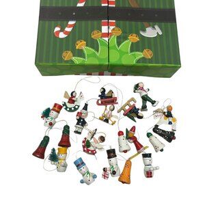 Box of 18 Vintage Wooden Christmas Ornaments Santa Snowman Sleigh Bells Gift Set